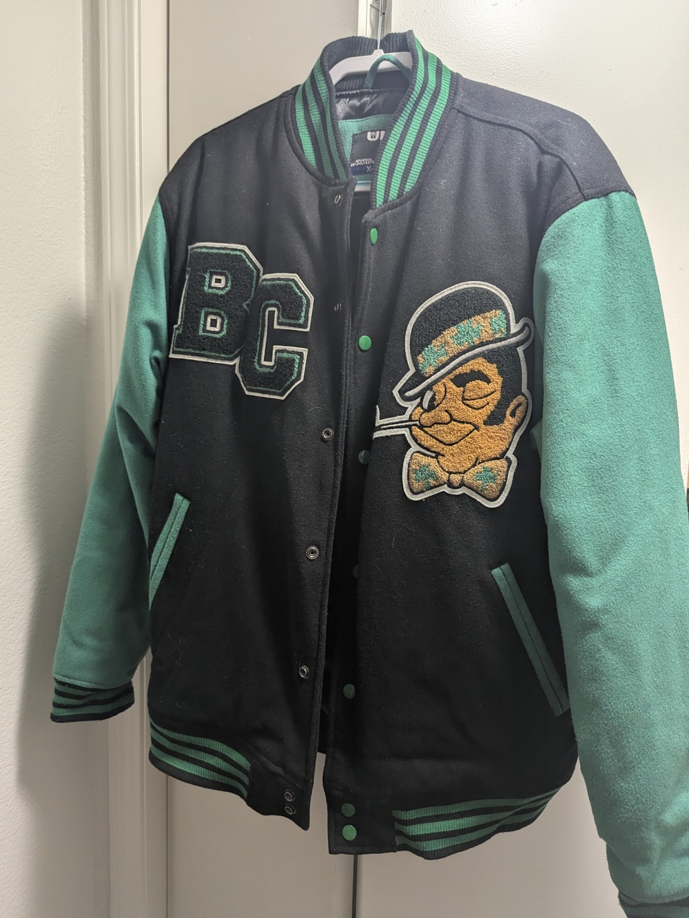 NBA Celtics Black and Teal Varsity Jacket with Embroidered Mascot Patch